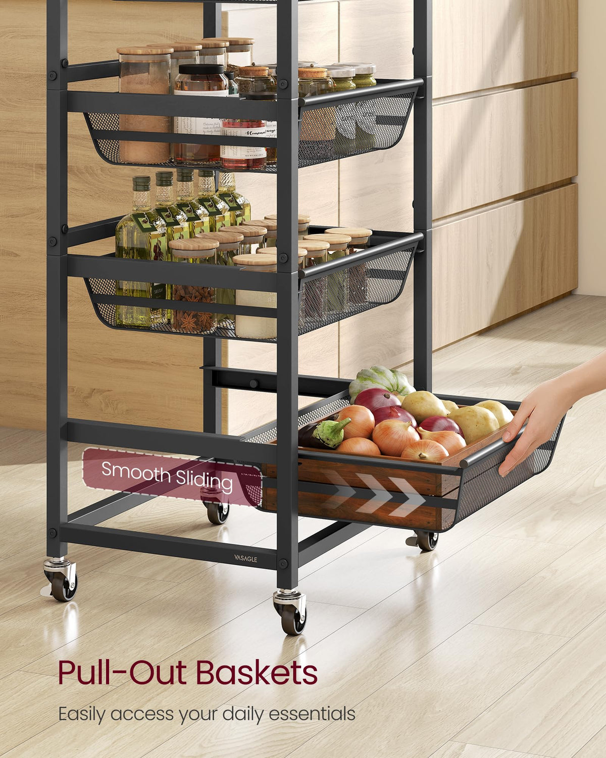 VASAGLE 5-Tier Storage Rolling Cart Organizer with Pull-Out Baskets