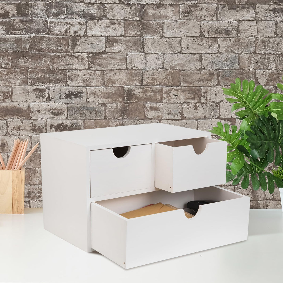Rustic Distressed white 3-Tier Wood Desk Organizer with 3 Drawers Mini Storage Shelf For Desk