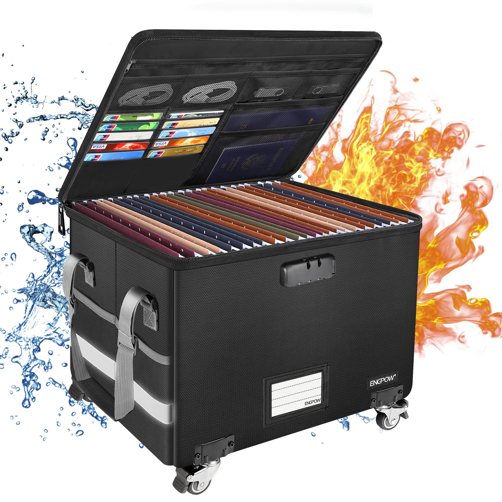 ENGPOW Fireproof Document Box with Wheels, Collapsible File Box with Lock, Rolling File Storage