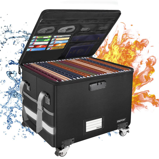 ENGPOW Fireproof Document Box with Wheels, Collapsible File Box with Lock, Rolling File Storage