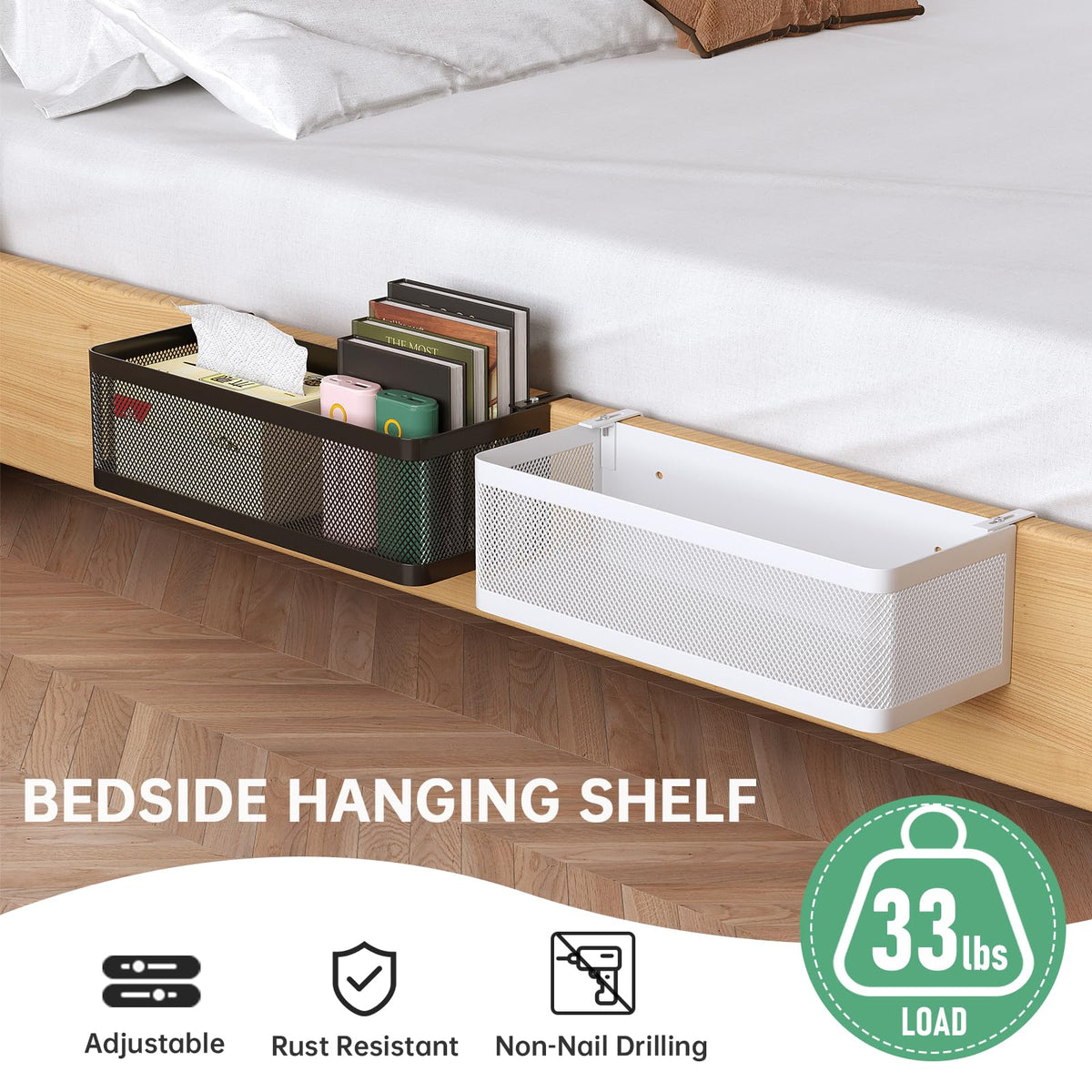 Bedside Caddy Shelf for Bunk Bed, Black, L13.78in*W5.12in*H3.94in
