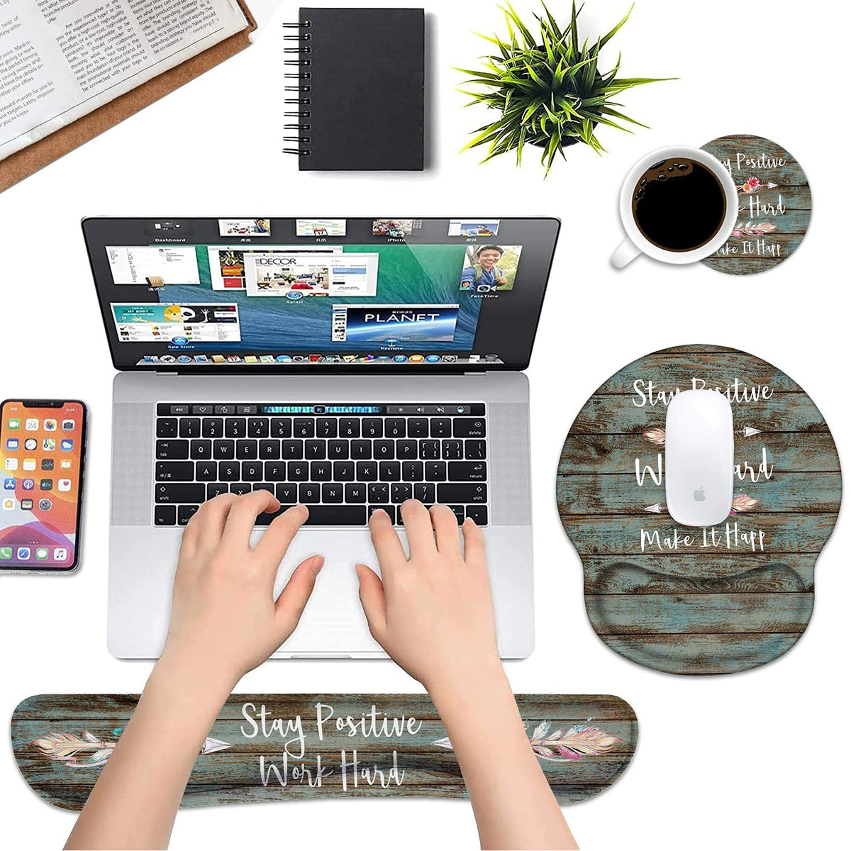 Keyboard Wrist Rest and Mouse Pad Wrist Rest Support Set with Coasters, Stay Positive Work Hard and