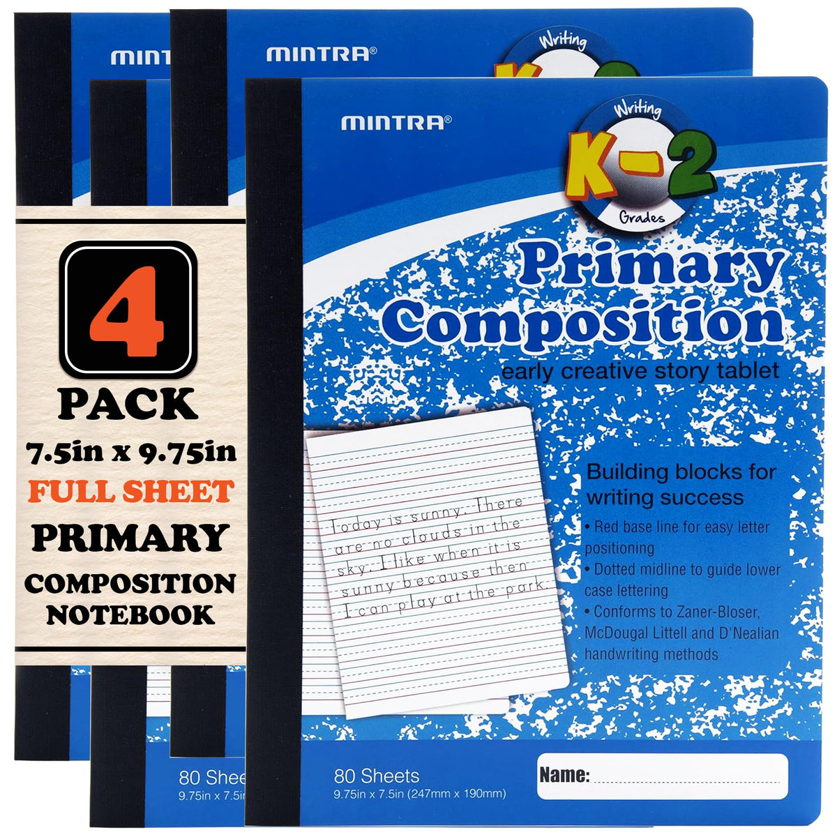 Mintra Primary Composition Notebook, 4 Pack, Blue Cover, 80 Sheets, 7.5in x 9.75in, Full Sheet