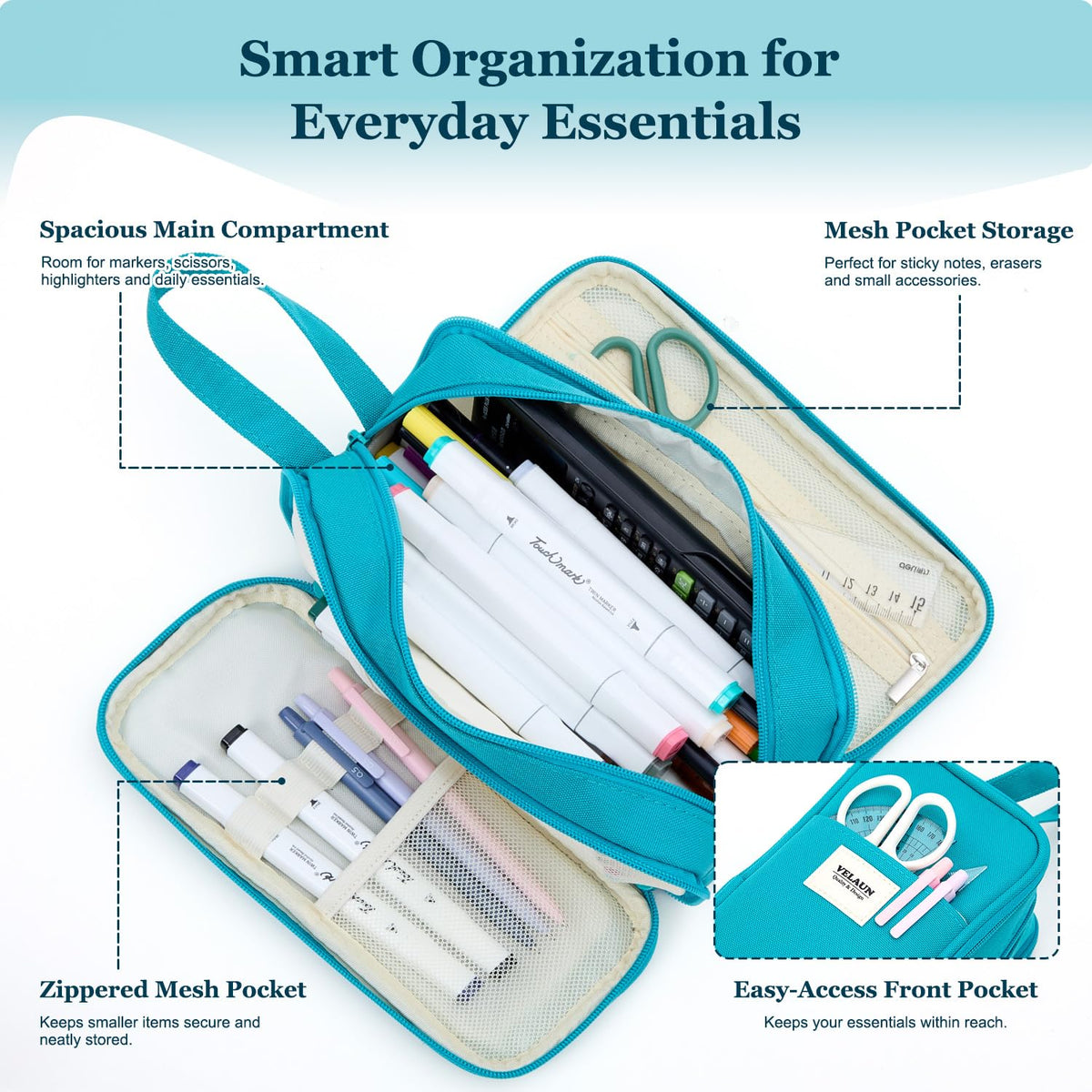 VELAUN Pencil Case Pouch, Large Capacity Pencil Box Bag, Aesthetic Pen Organizer for School