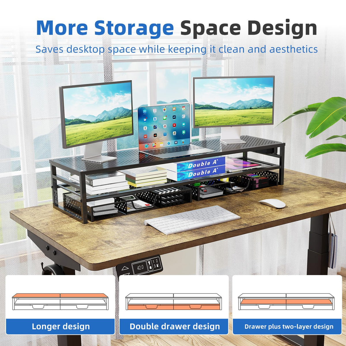 Simple Trending 2-Tier Metal Dual Monitor Stand with USB & 2 Drawers, Black