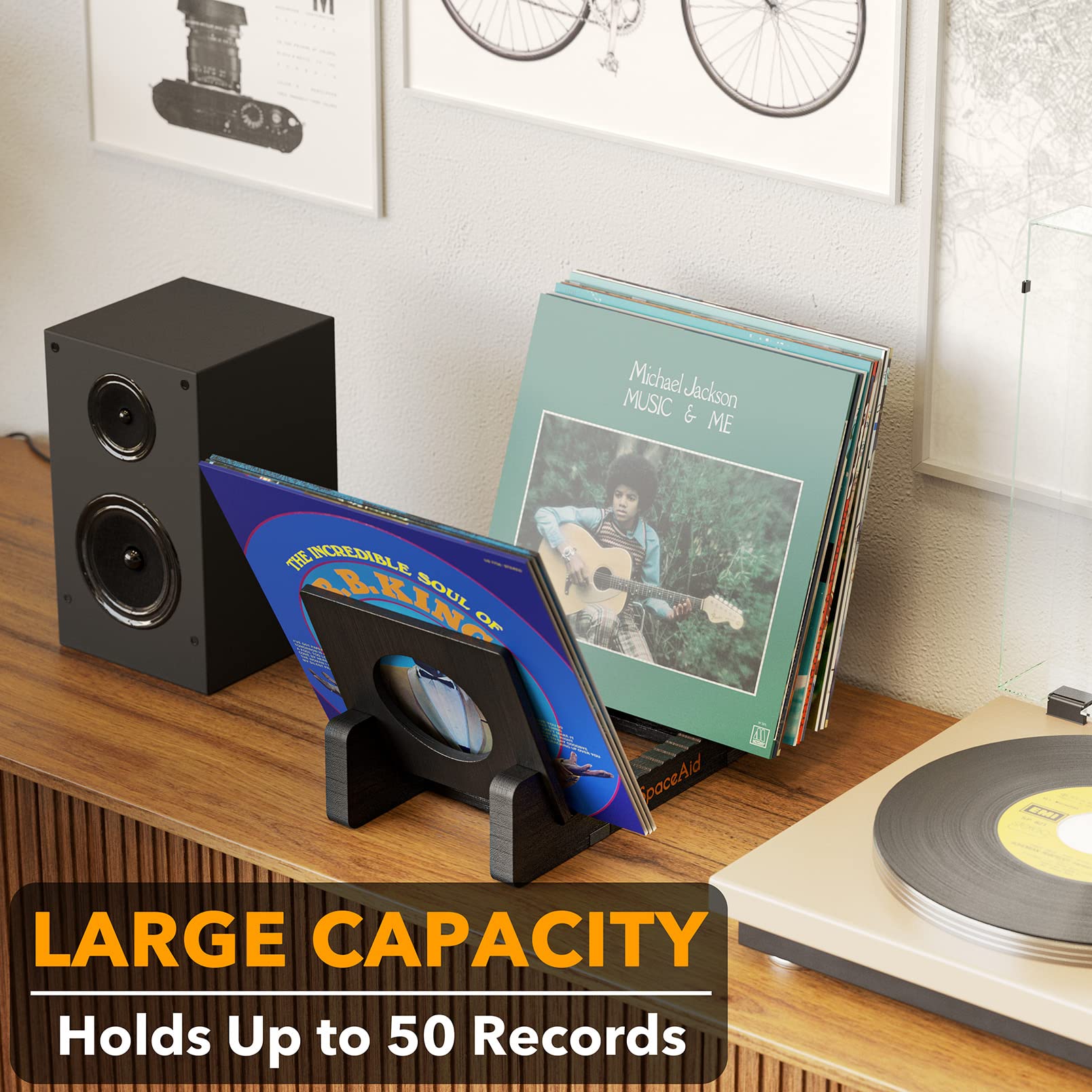 SpaceAid Bamboo Vinyl Record Storage Holder Shelf, Holds Up to 50 Albums, 7 or 12 inch LPs, Vinyl