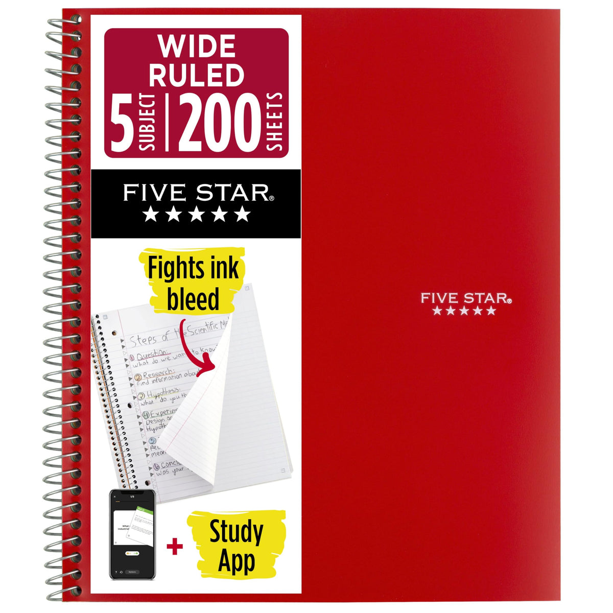 Five Star Spiral Notebook + Study App, 5 Subject, Wide Ruled Paper, 8" x 10-1/2", 200 Sheets