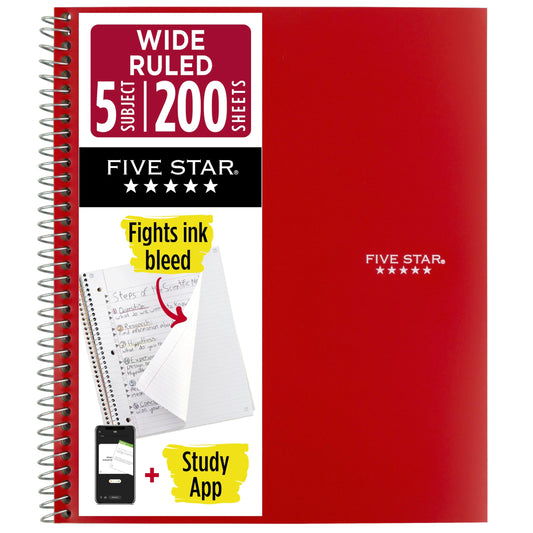 Five Star Spiral Notebook + Study App, 5 Subject, Wide Ruled Paper, 8" x 10-1/2", 200 Sheets