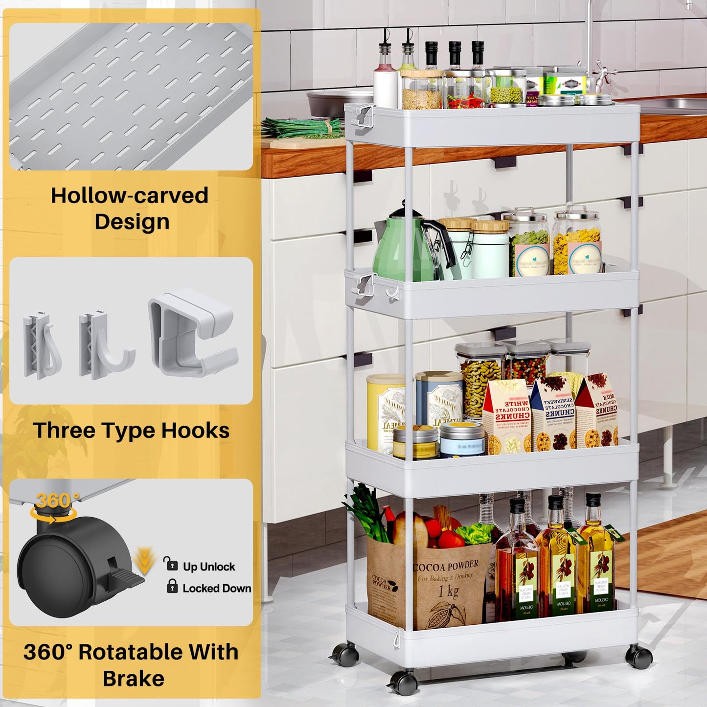 SPACEKEEPER 4 Tier Rolling Cart, Bathroom Cart Organizer with Wheels, Gray