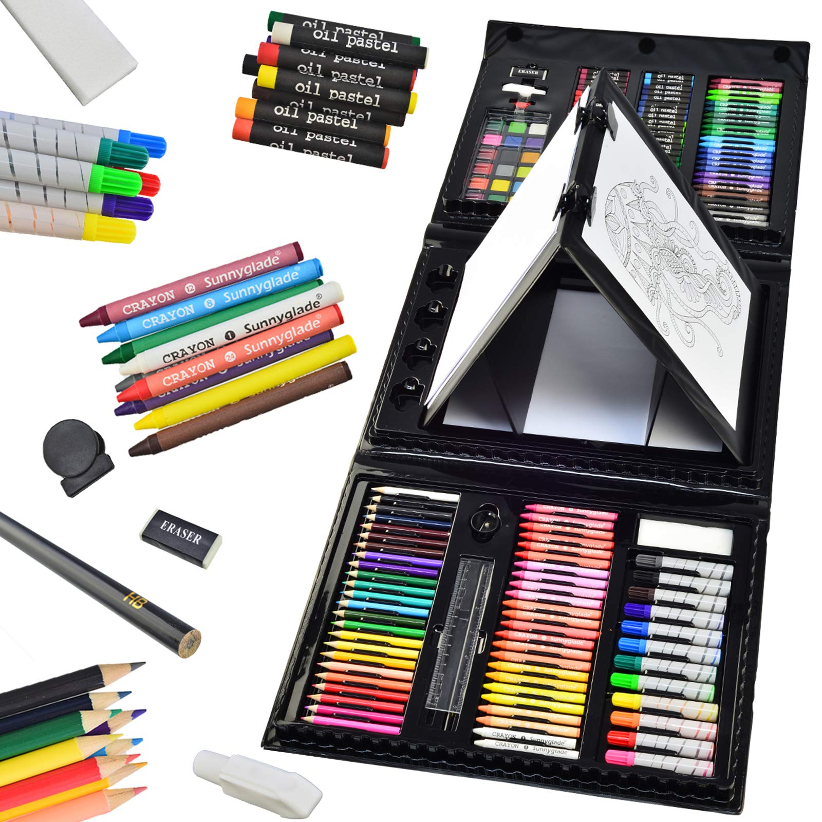 Sunnyglade 185 Pieces Double Sided Trifold Easel Art Set Art Supplies Black
