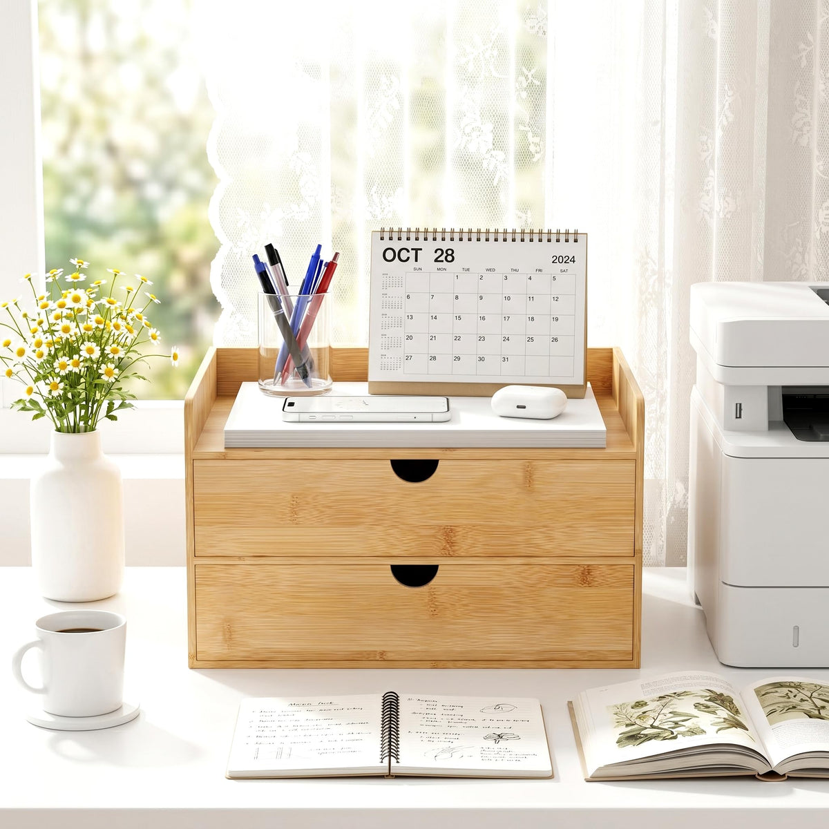 Bamboo Desk Organizer with Drawers, Desktop Storage for Office Supplies