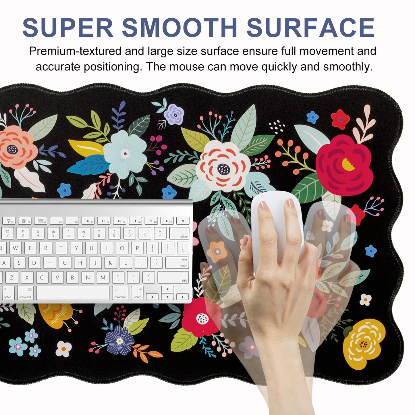 L-SPOUTTO Floral Mouse Pad, Black Scalloped Desk Mat XXL Gaming Mousepad