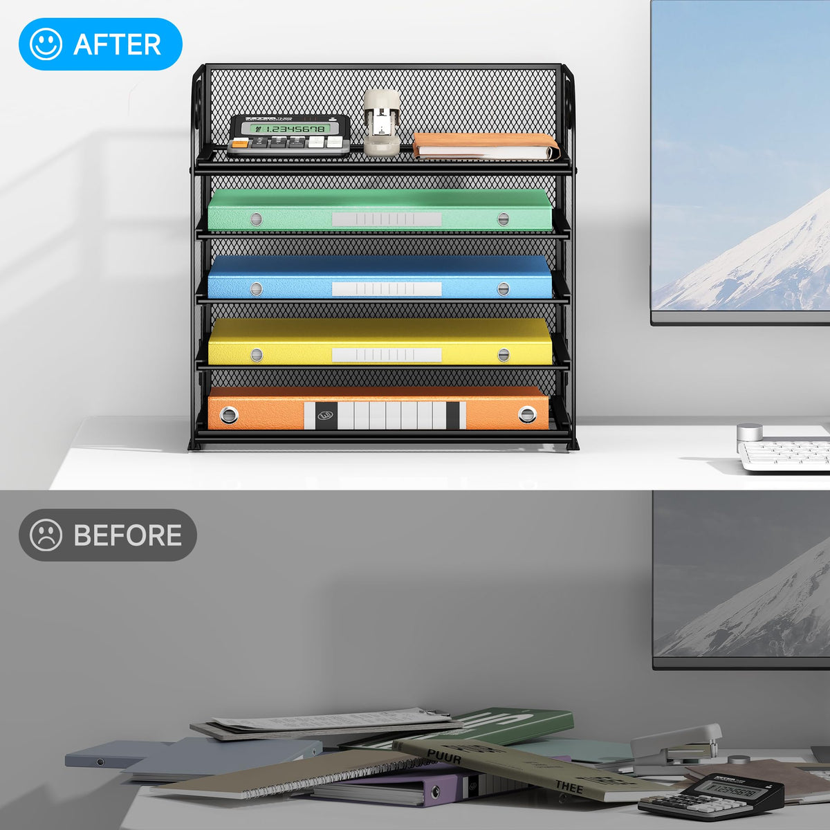 2 Pack 5-Tier Paper Organizer Letter Tray with Handle - Black Mesh Desk Paper Sorter File Organizer