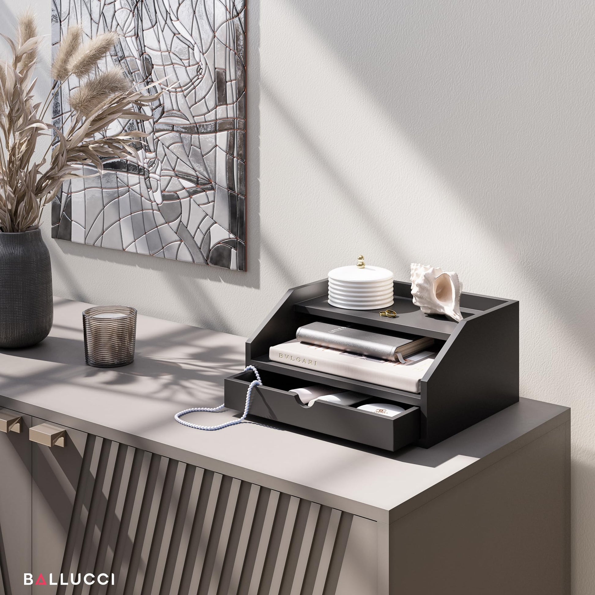 Ballucci Desk Organizer with Drawer, 2 Tier Paper Office Supplies Desk Organizer, 13 2/5" x 9 3/5"
