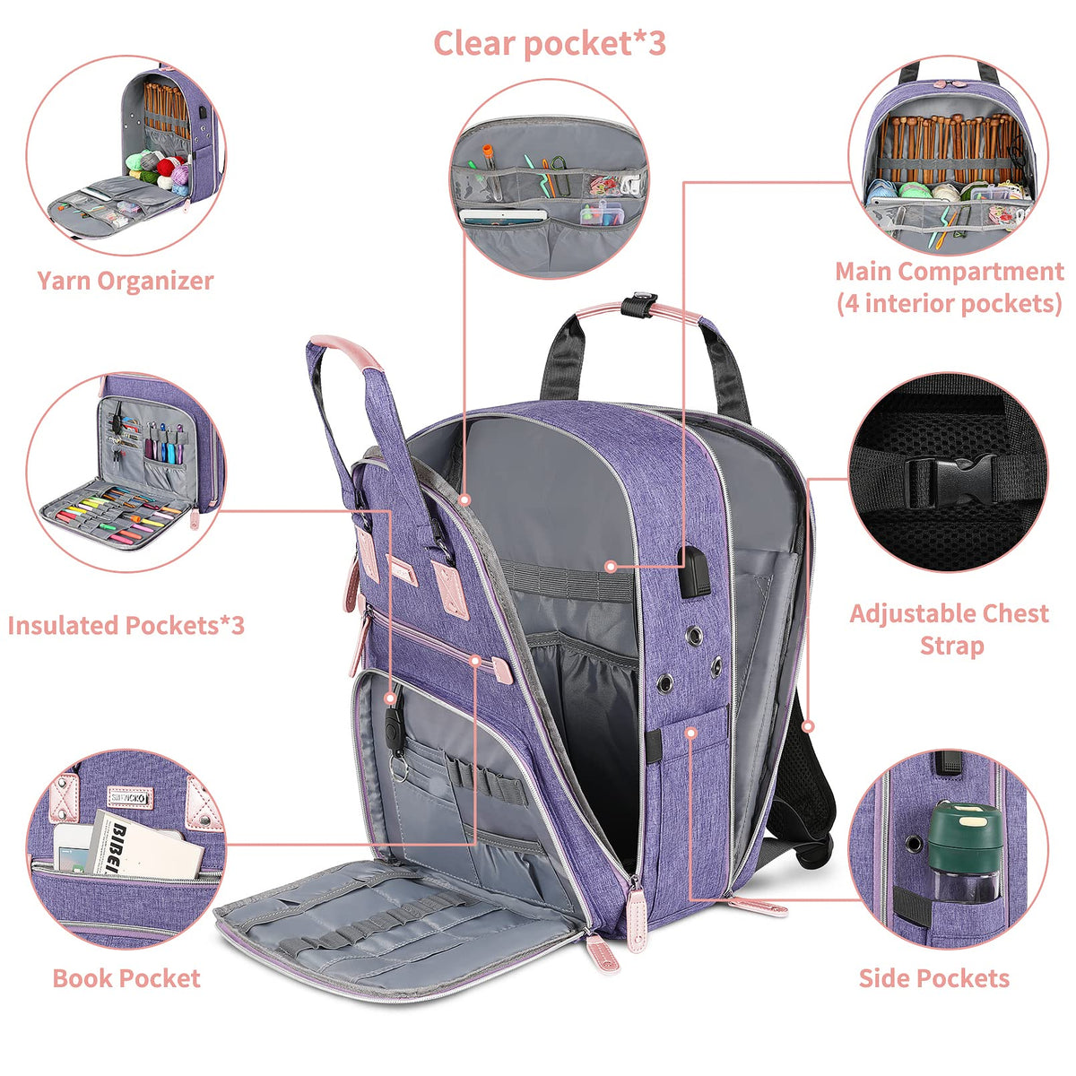 Crochet Bag, Knitting Bag Backpack and Totes Organizer with USB Charging Port, Large Yarn Storage
