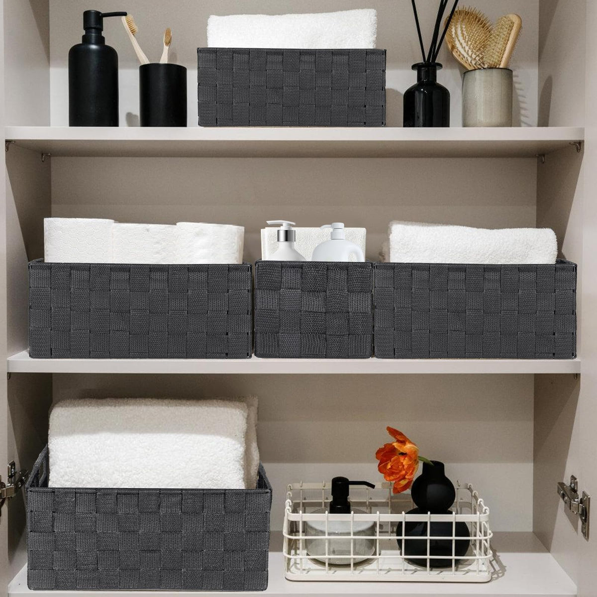 ArcaGuru Woven Polypropylene Basket Set of 8, Black Storage Basket, Woven Strap Baskets, Woven