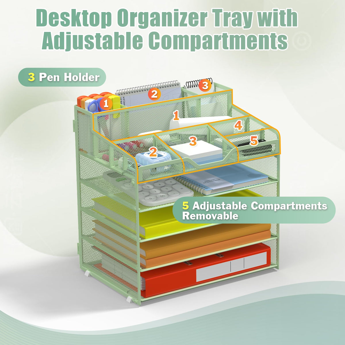 Docnest 5 Tier Mesh Desk Organizer with Letter Tray & Paper Sorter, Green