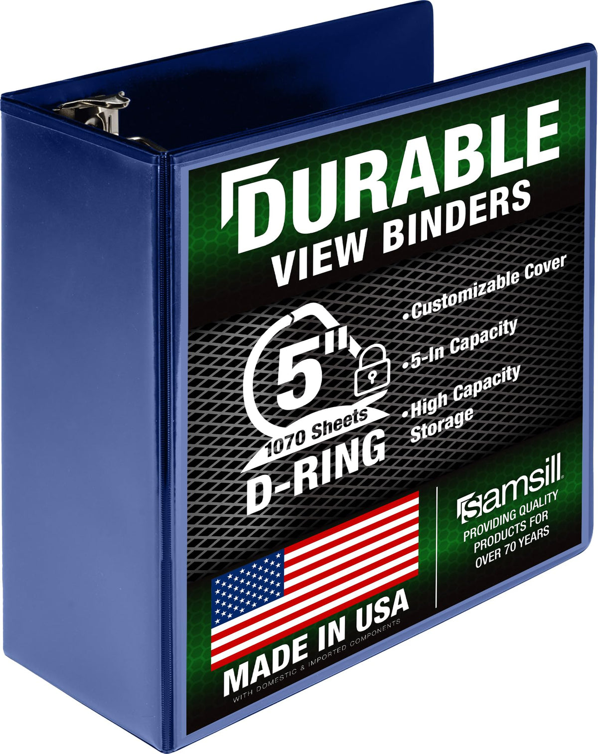 Samsill Durable 5 Inch 3 Ring Binder, D Ring Binder, Customizable Clear View, Blue, Holds 1070 Pages