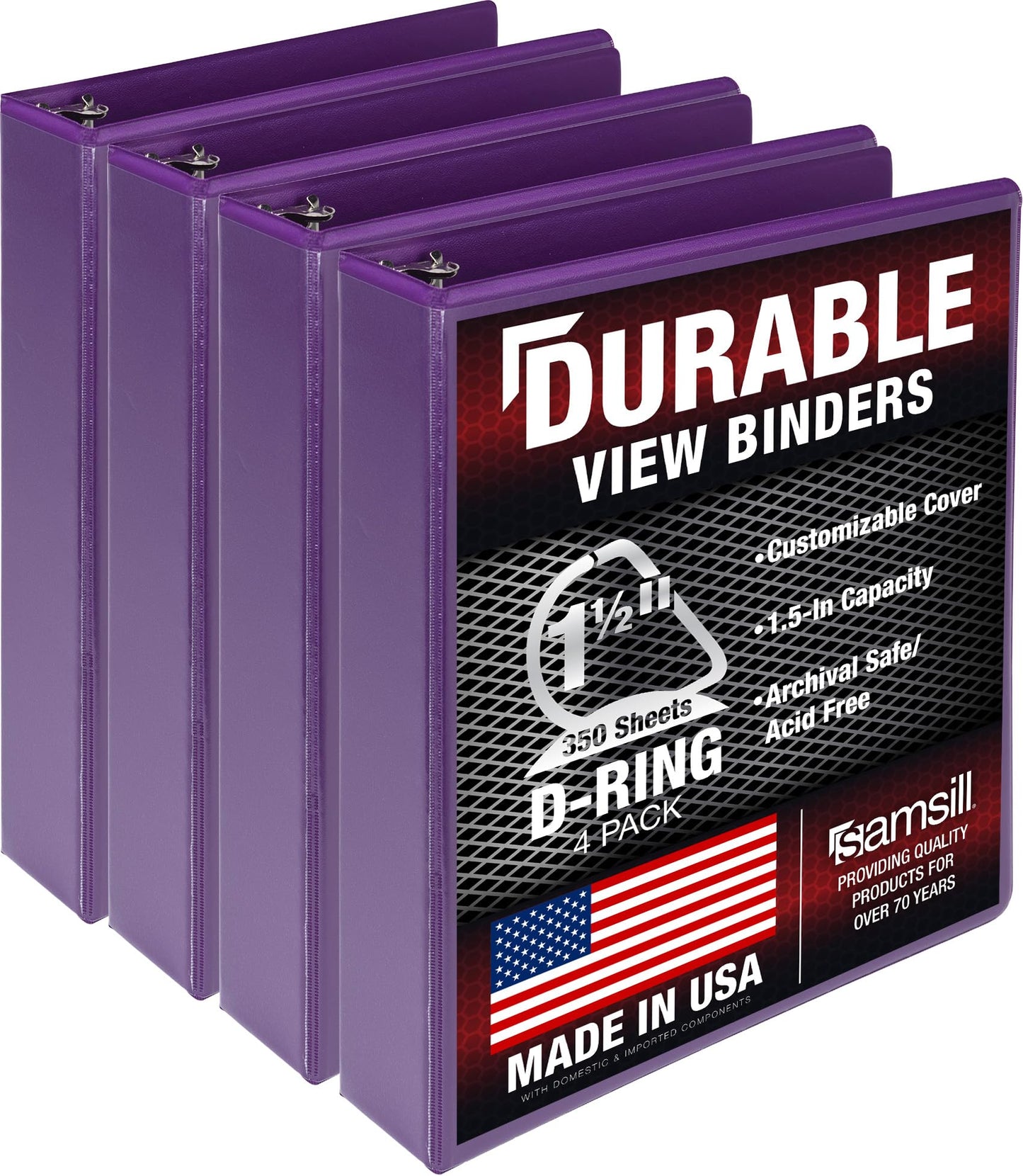 Samsill Durable 1.5 inch 3 Ring Binder, D Ring Binder, 100% Recycled Chipboard, Purple, 4 Pack