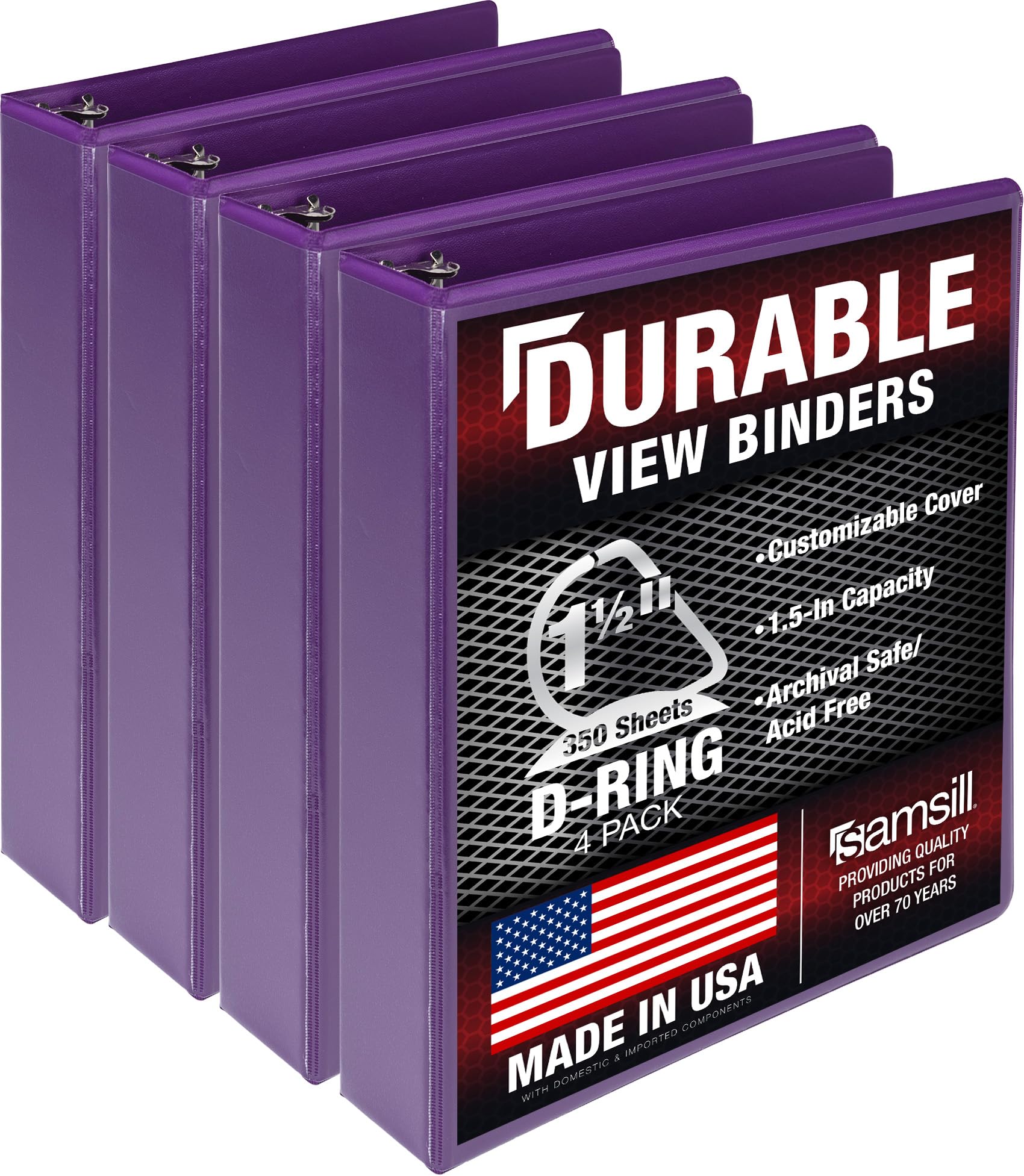 Samsill Durable 1.5 inch 3 Ring Binder, D Ring Binder, 100% Recycled Chipboard, Purple, 4 Pack