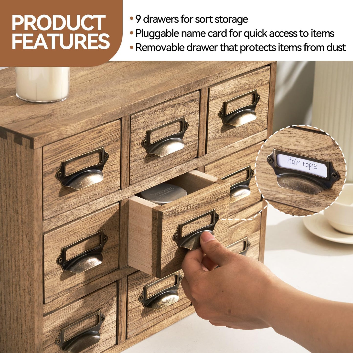 KIRIGEN Wooden Desk Organizer with 9 Drawers, Storage Cabinet, Brown