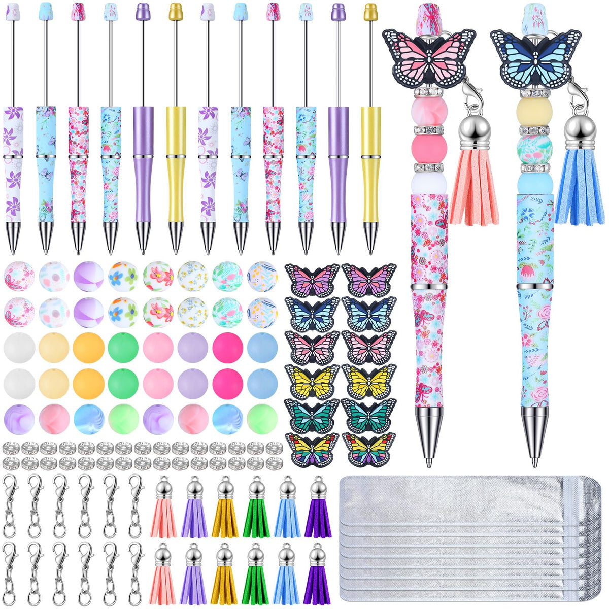Qeeenar 130 Pcs Beadable Pens Kit Butterfly Bead Plastic Ballpoint Pen