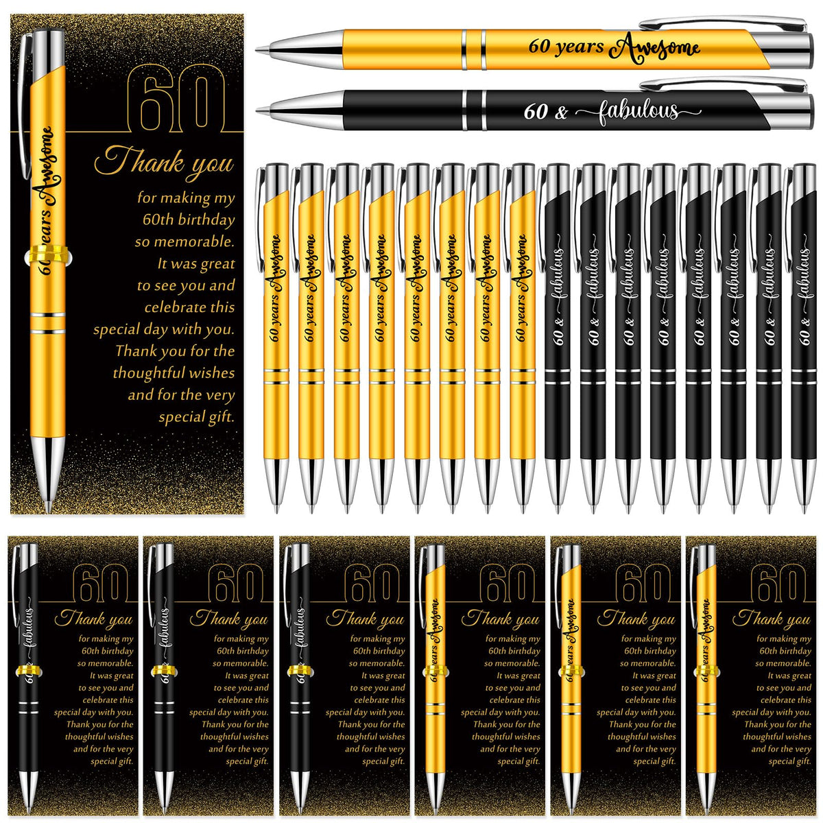 Feifeiya 60th Birthday Party Favors with Black Gold Pens Thank You Cards