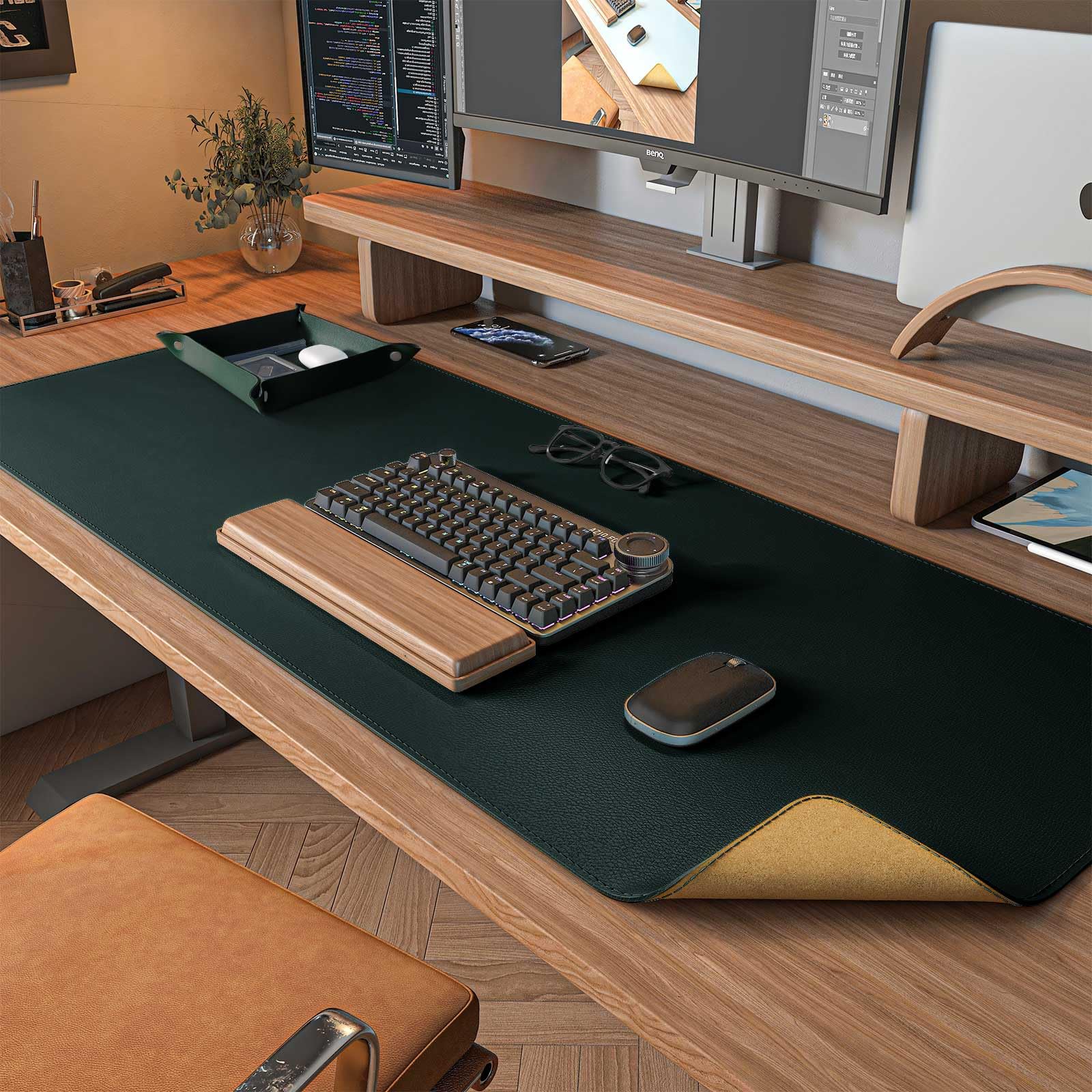 DAWNTREES Dark Green Desk Mat,Leather Desk Pad,35.5"x17",Cork Desk Mat Protector,with PU Leather