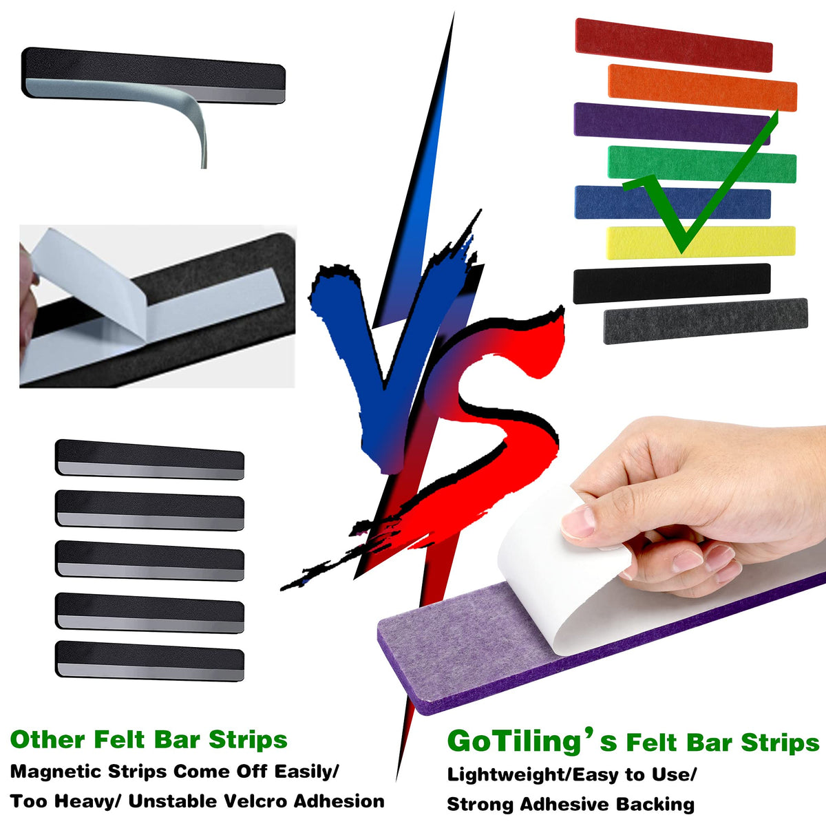 GoTiling Cork Board for Walls - 8 Pack Felt Pin Board Bar Strips - Self-Adhesive Lightweight