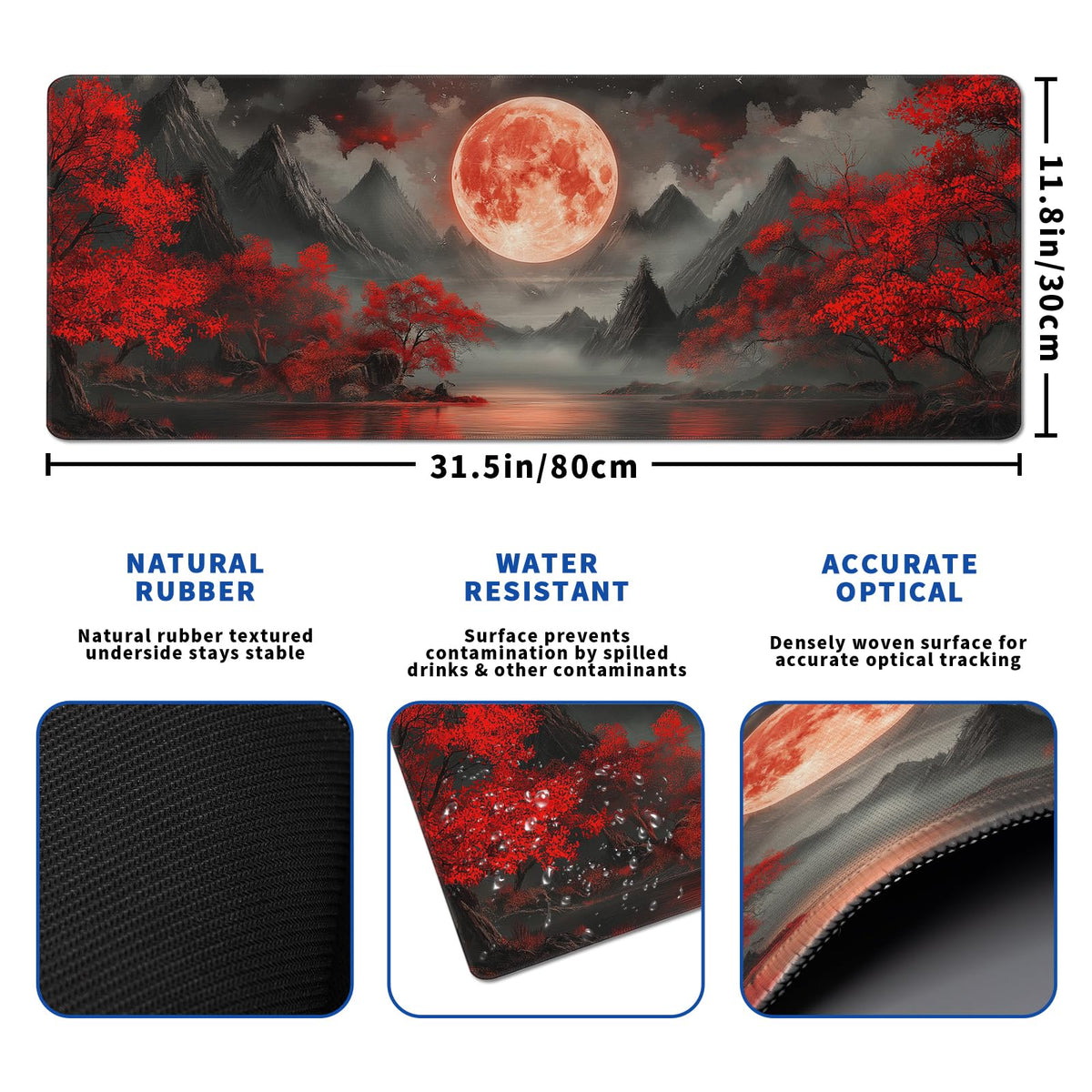 Darkness Red Moon Mouse Pad Abstract Red Mouse Pad 31.5x11.8 Inch Texture Non-Slip Rubber Base
