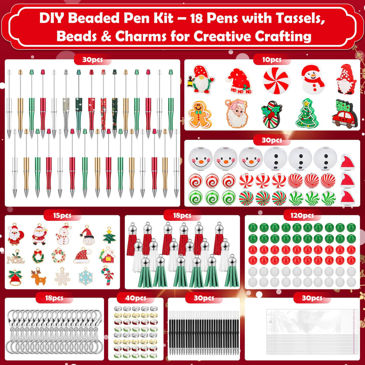 Tetutor 326 Pcs Christmas Beaded Pens Bulk,30 Sets Christmas Pens Bulk with Christmas Focal Beads