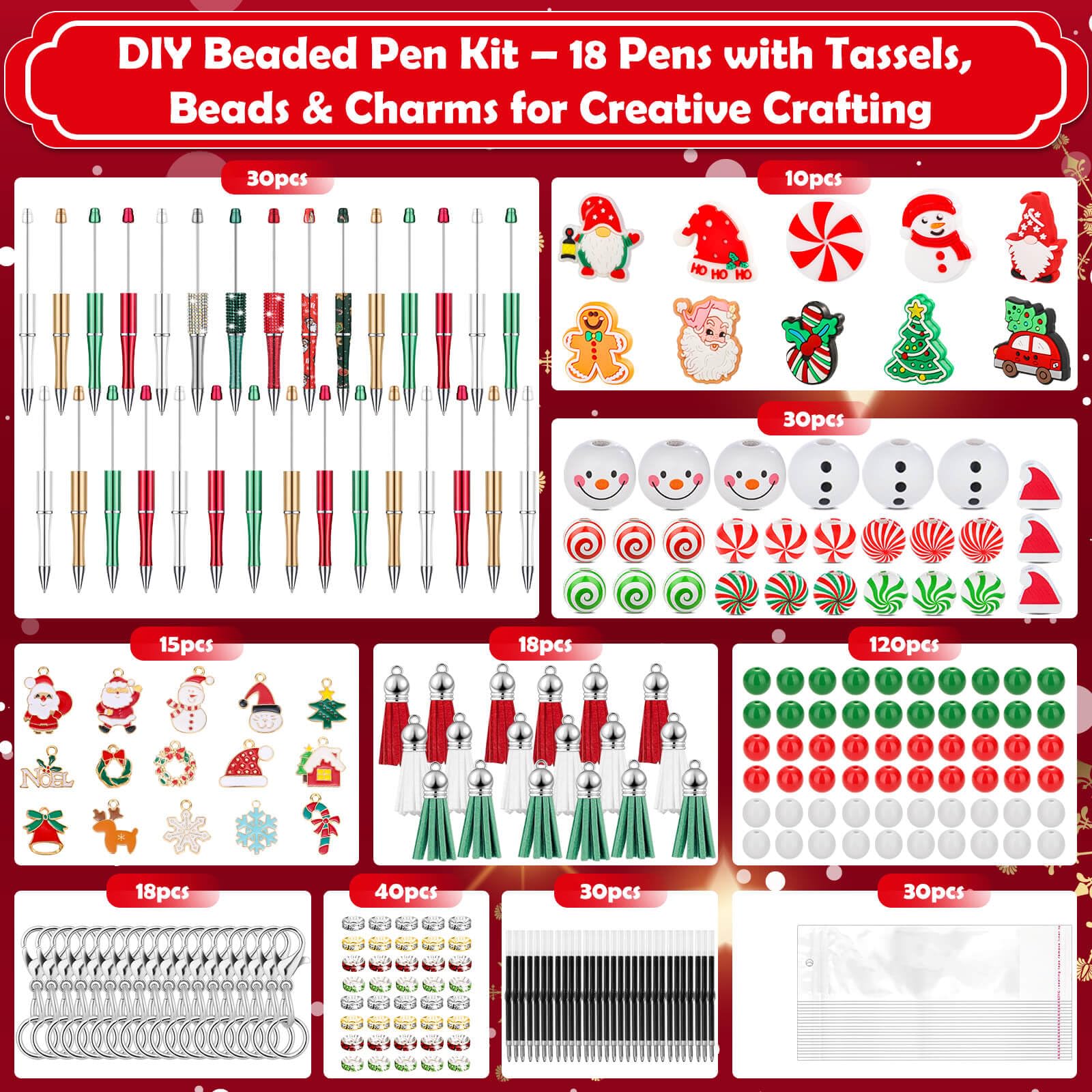 Tetutor 326 Pcs Christmas Beaded Pens Bulk,30 Sets Christmas Pens Bulk with Christmas Focal Beads