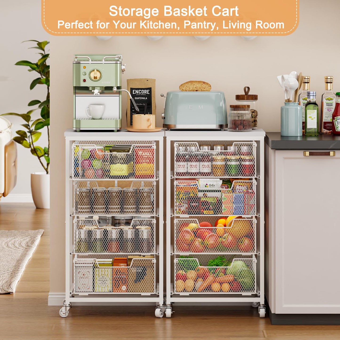 4-Tier Kitchen Storage Cart - Fruit Vegetable Storage Cart with Drawers, Wooden Top Metal Wire