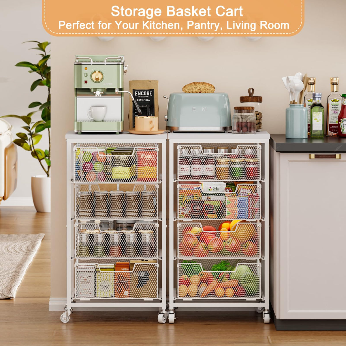 4-Tier Kitchen Storage Cart - Fruit Vegetable Storage Cart with Drawers, Wooden Top Metal Wire