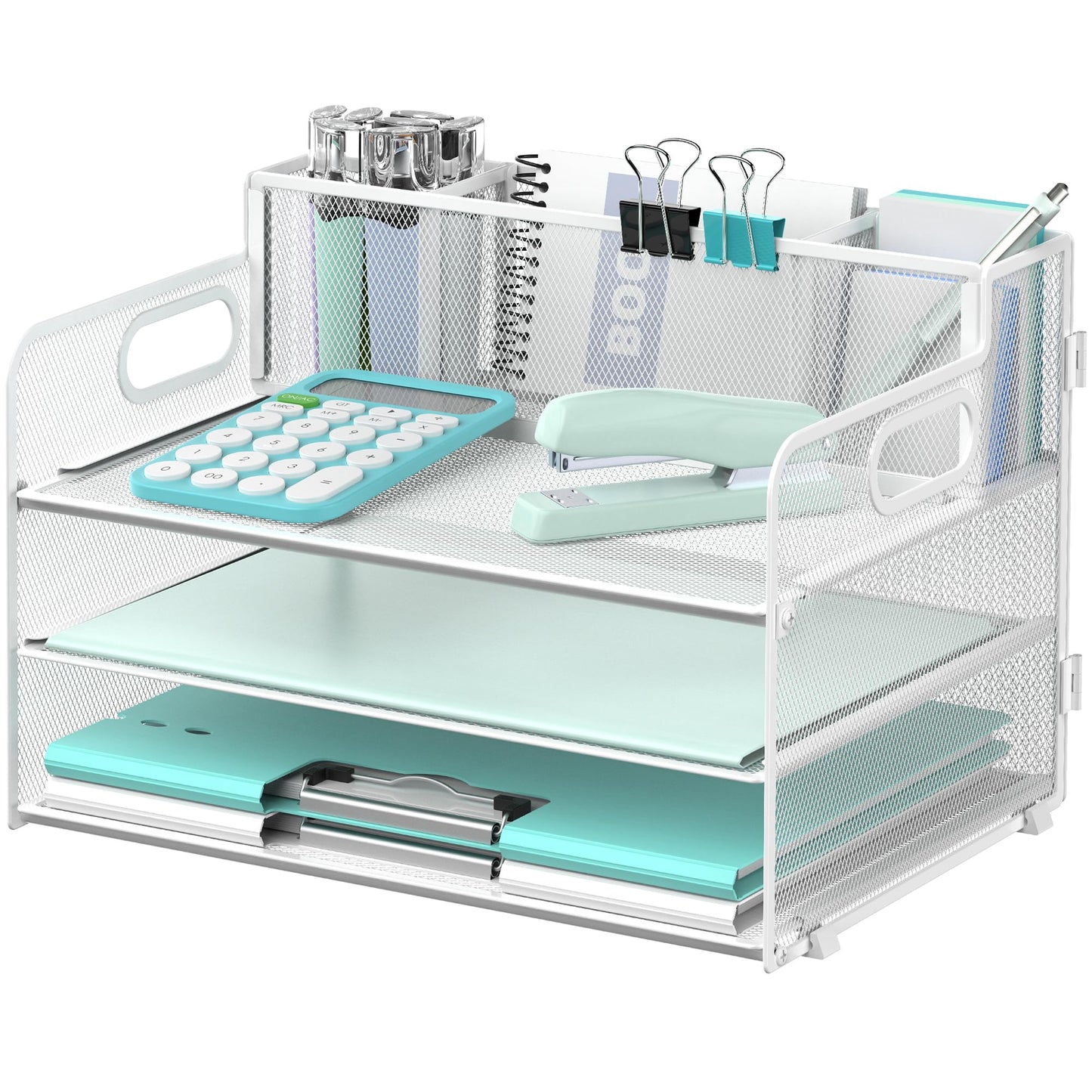 3-Tier Desk Organizer with Pen Holder and Handles, Paper Organizer, White