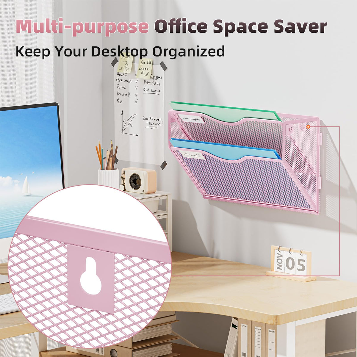 Marbrasse Wall File Holder 2-Tier Hanging Wall File Organizer, Mesh Mail Holder for Papers, Wall