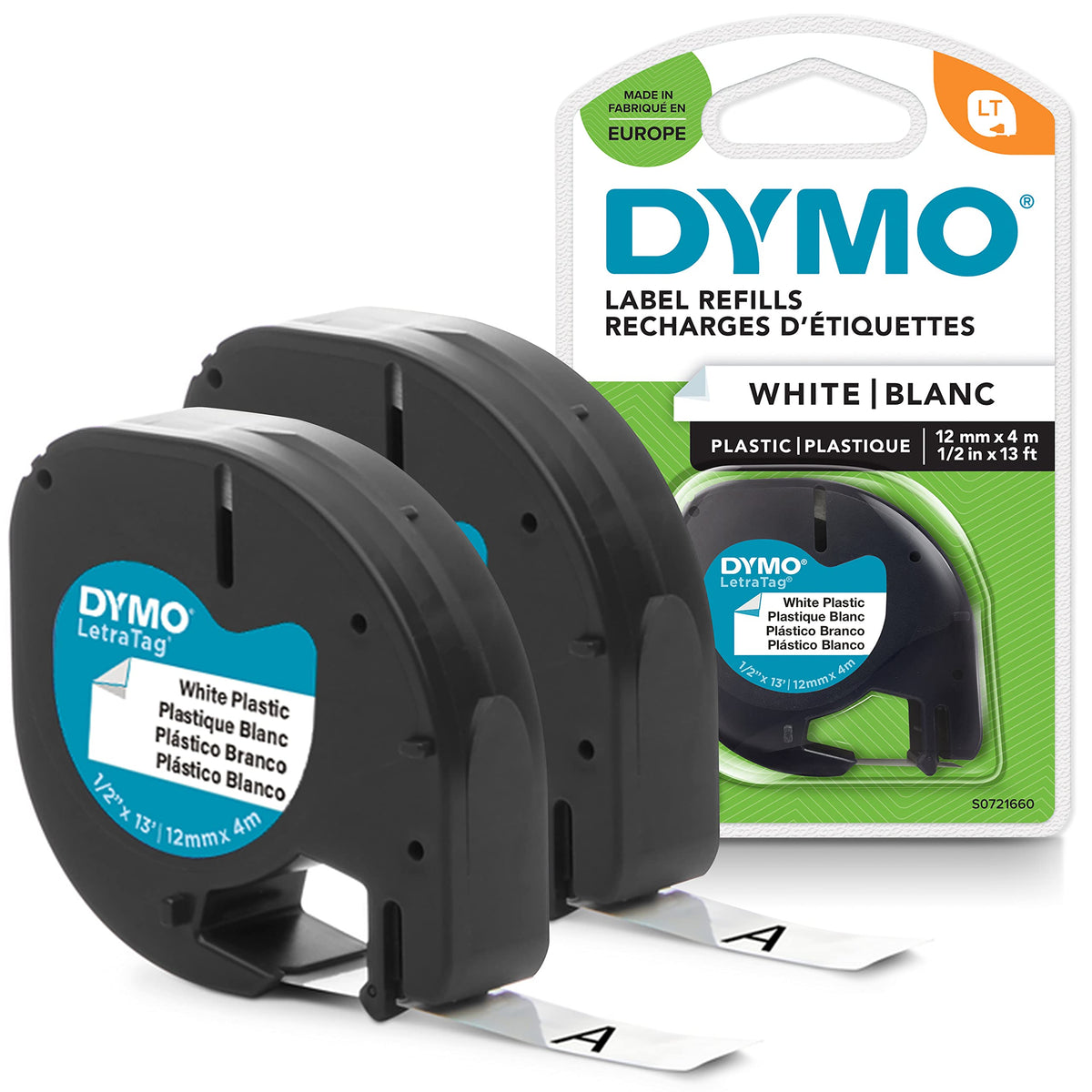 DYMO LetraTag Plastic Labels | 12 mm x 4 m Roll | Black Print on White | Self-Adhesive Multipurpose