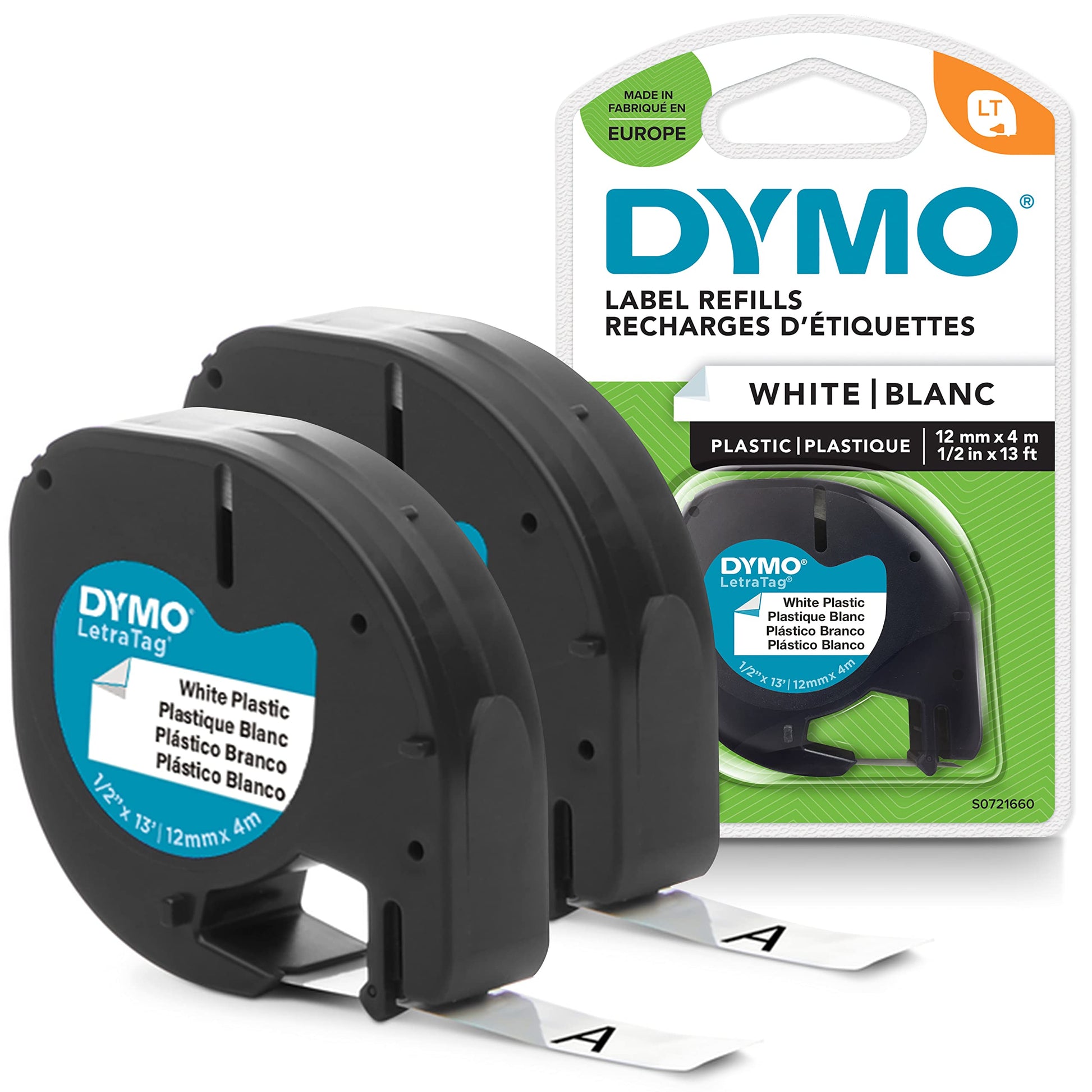 DYMO LetraTag Plastic Labels | 12 mm x 4 m Roll | Black Print on White | Self-Adhesive Multipurpose