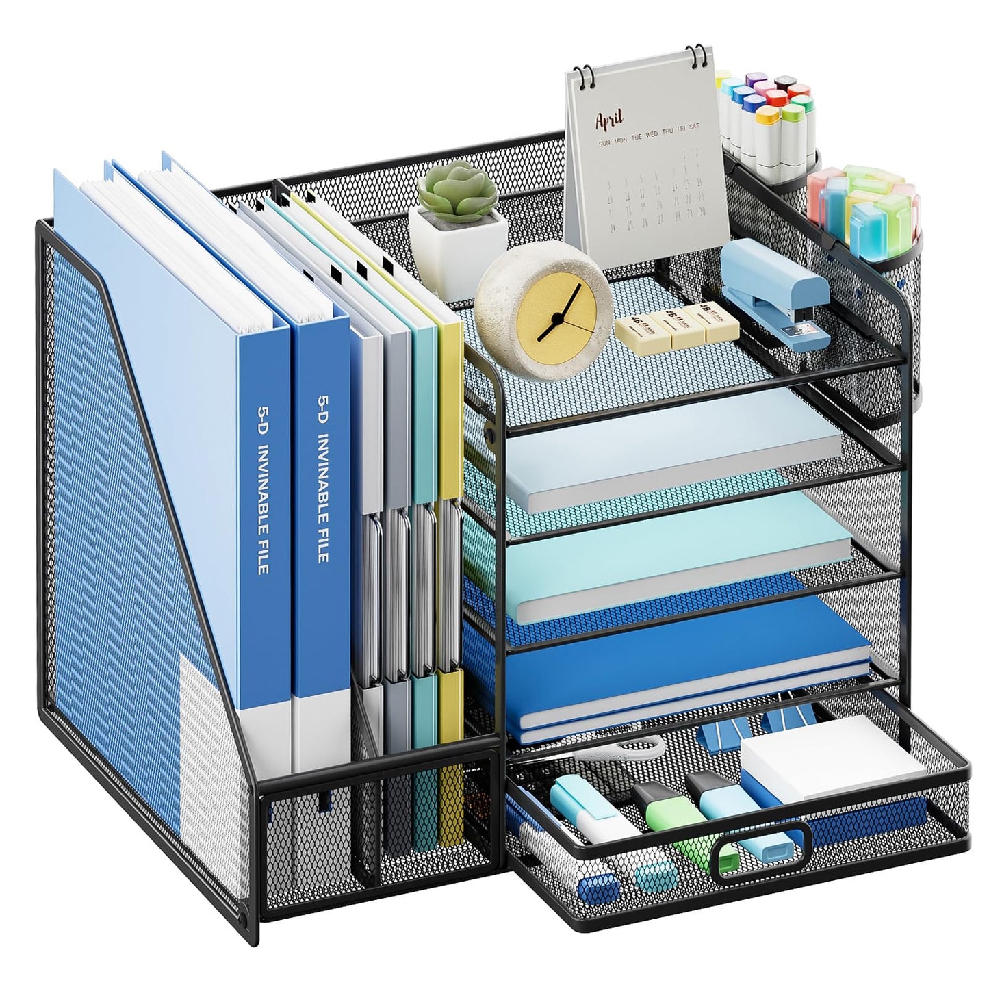 Lavatino Desk Organizer with File Holder, 5-Tier Paper Letter Tray Organizer with Sliding Drawer