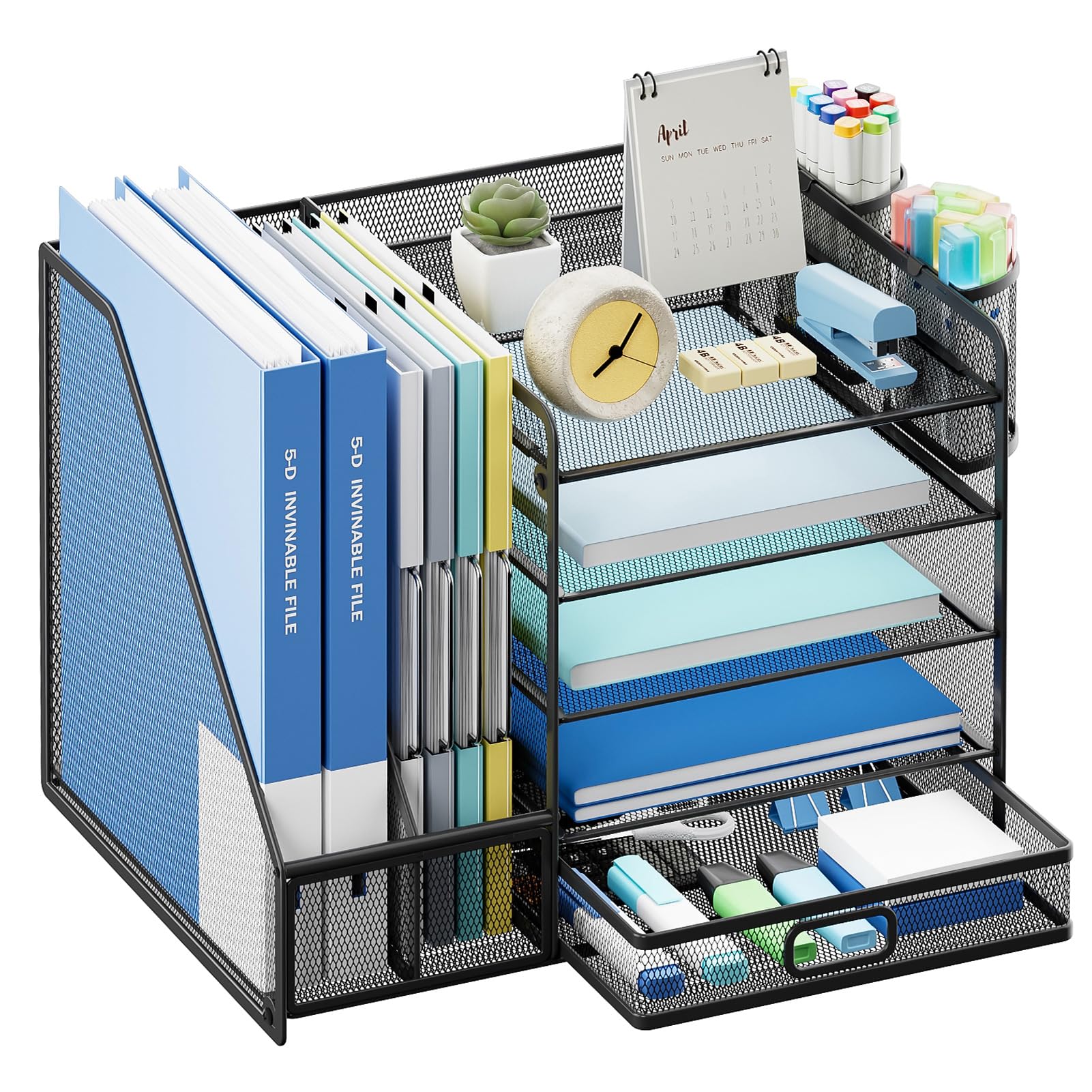 Lavatino Desk Organizer with File Holder, 5-Tier Paper Letter Tray Organizer with Sliding Drawer