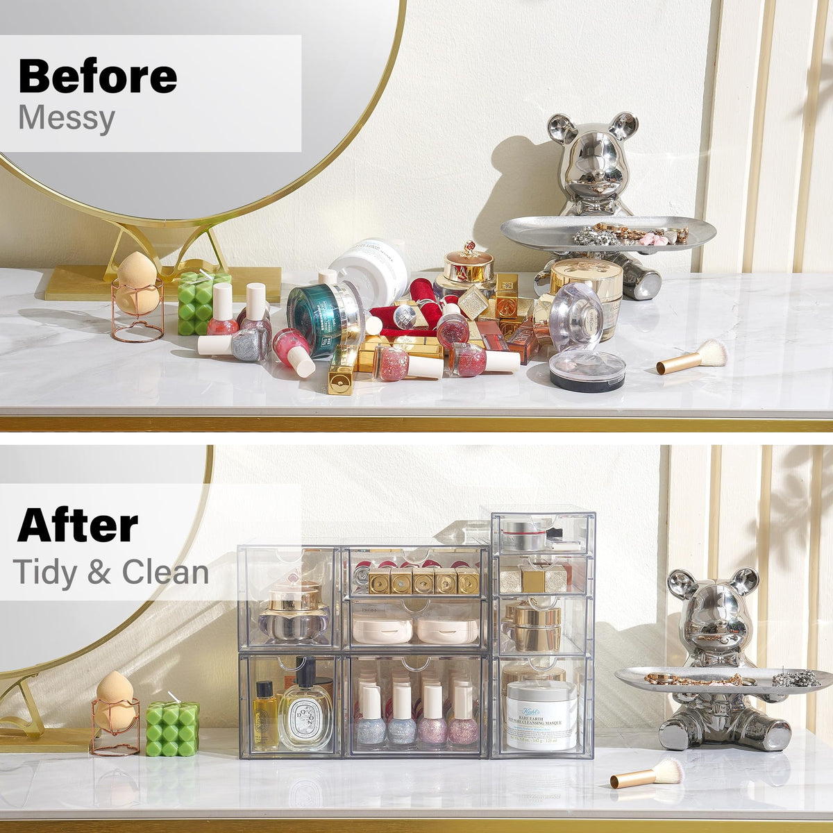 Prsildan Acrylic Drawer Makeup Organizer with 9 Drawers, Set of 3 Office Desk Organizers