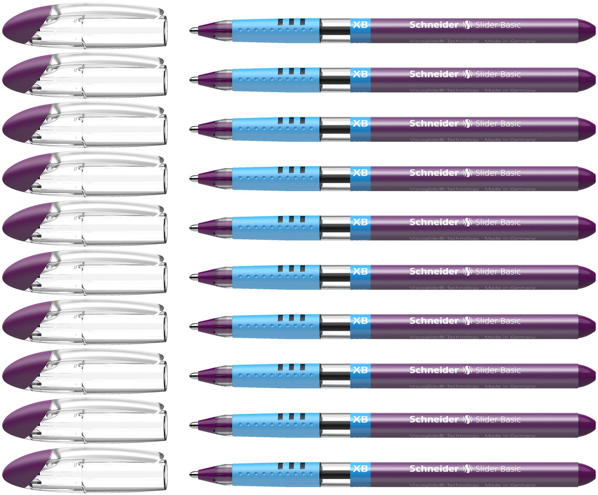 Schneider Slider Basic XB (Extra Broad) Ballpoint Pen, 1.4 mm, Transparent Barrel, Violet Ink, Box