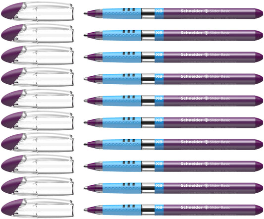 Schneider Slider Basic XB (Extra Broad) Ballpoint Pen, 1.4 mm, Transparent Barrel, Violet Ink, Box