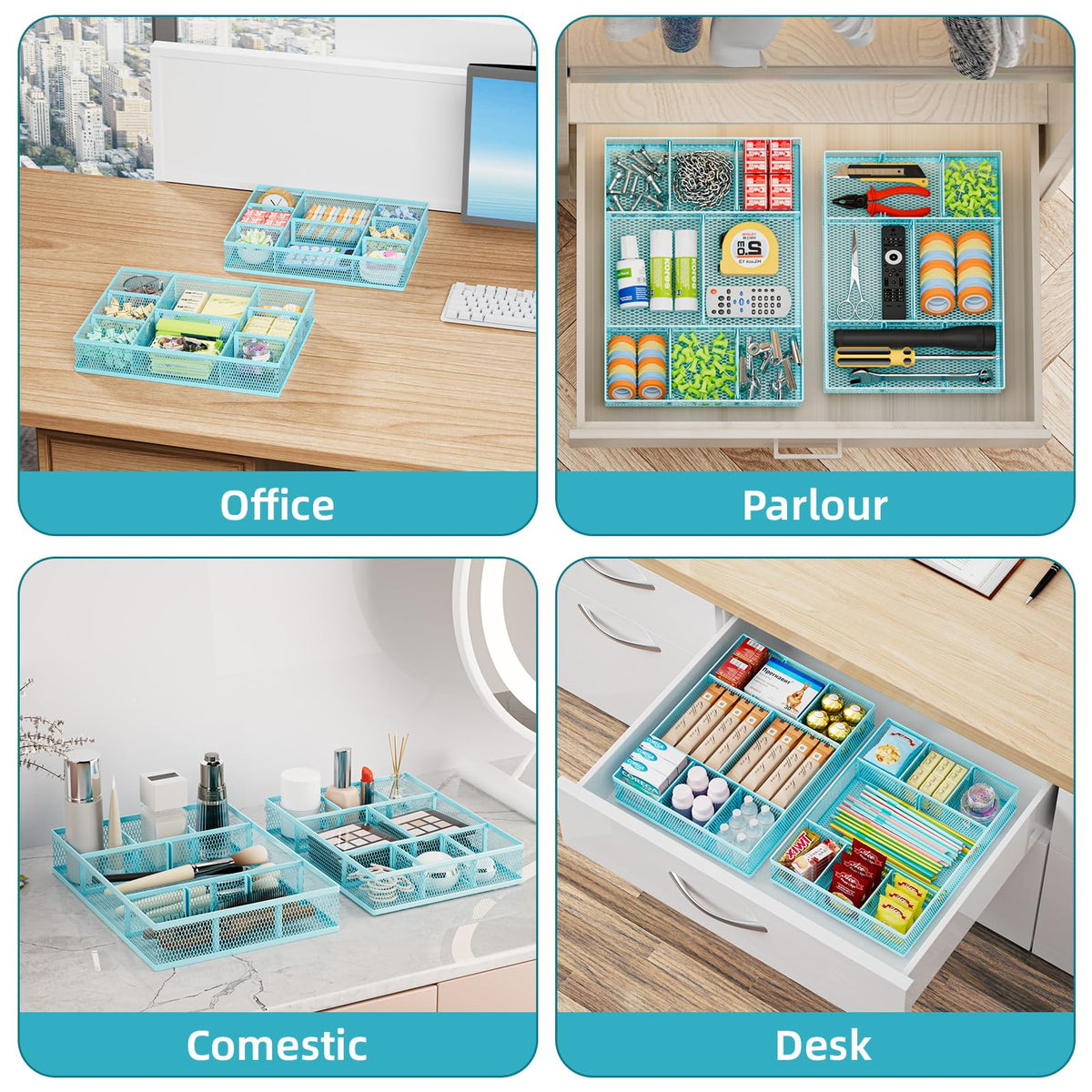 Marbrasse 2 Pack Desk Drawer Organizer, Mesh Drawer Organizer Tray with 8 Adjustable Compartments