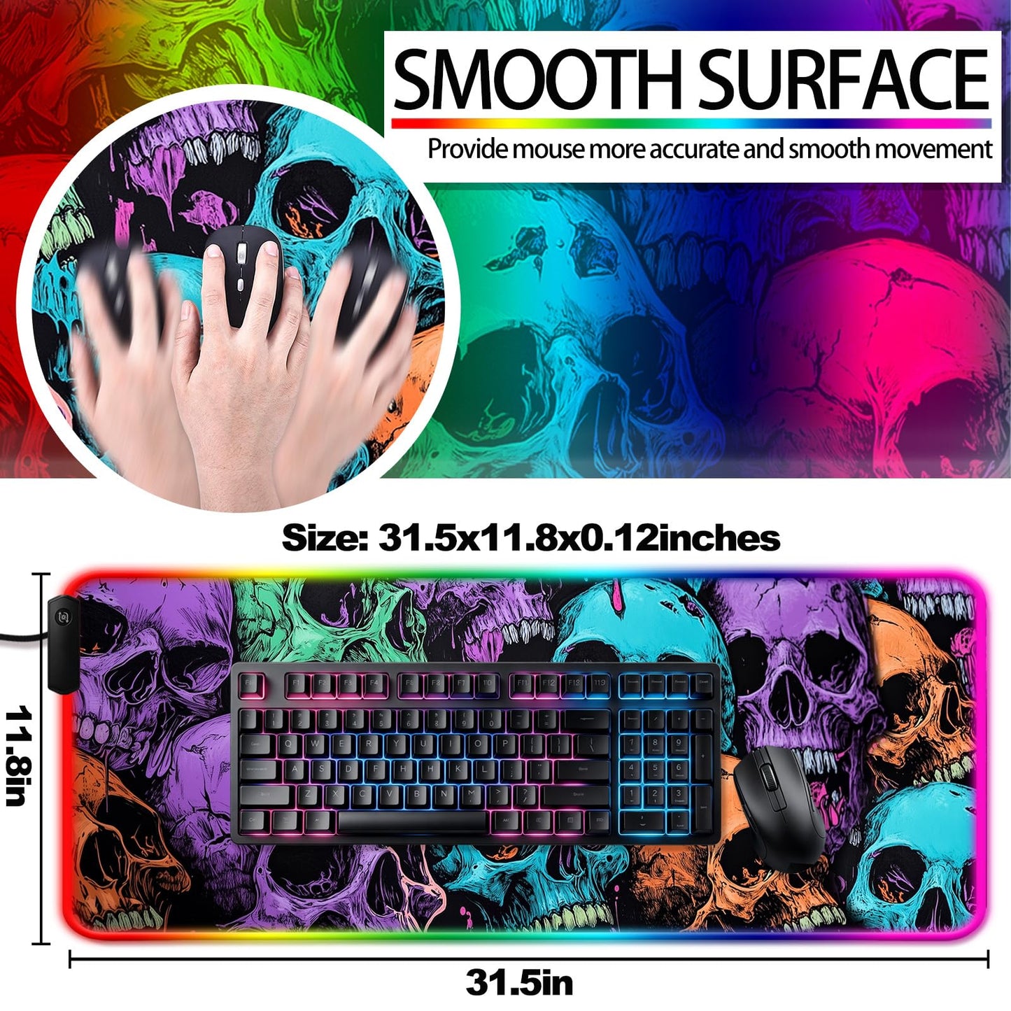 JIANG100 RGB Dark Gothic Skull Design Gaming Desk Mat & Mouse Pad, XL