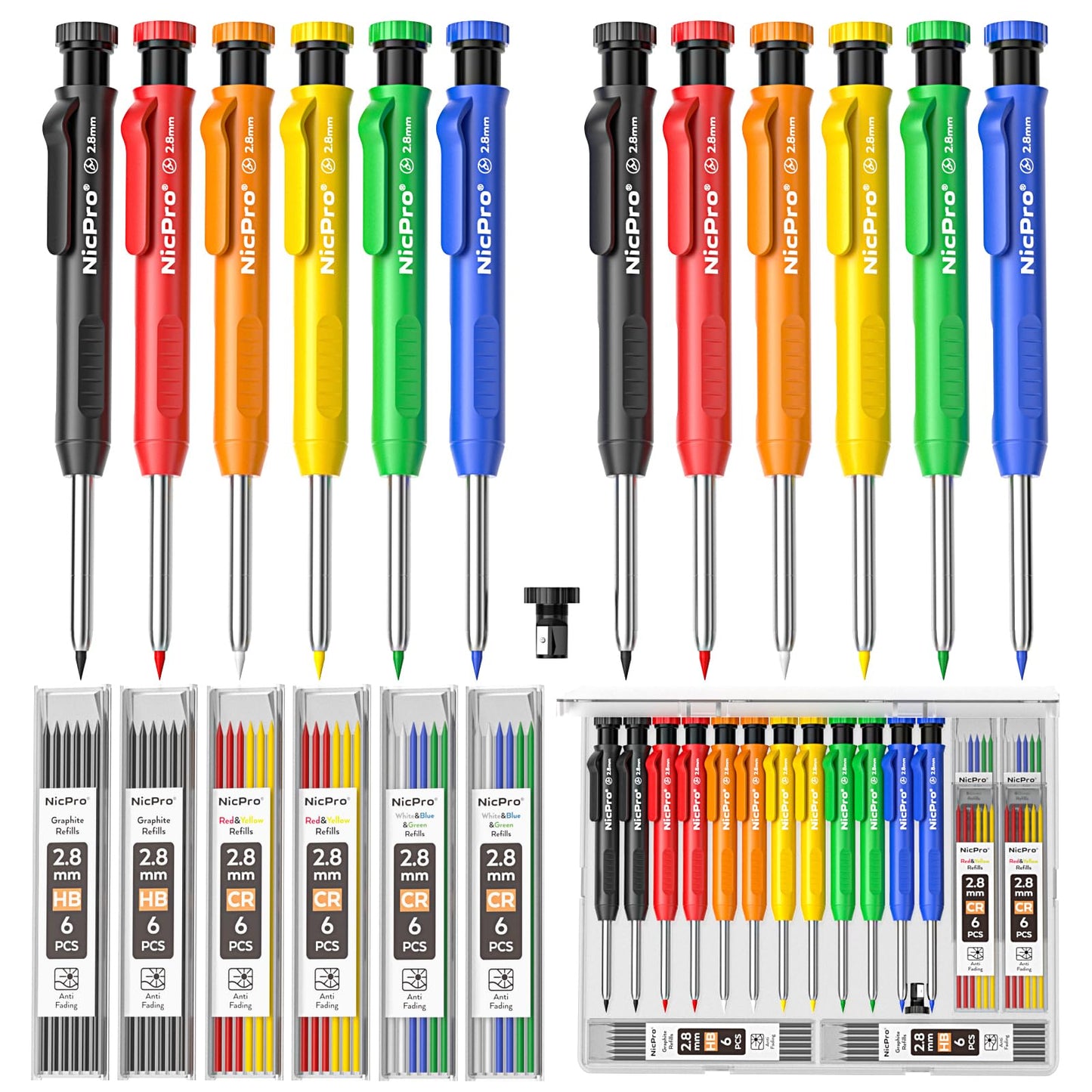 Nicpro Carpenter Pencil with Sharpener, 12Pcs Construction Pencil+52 Refill