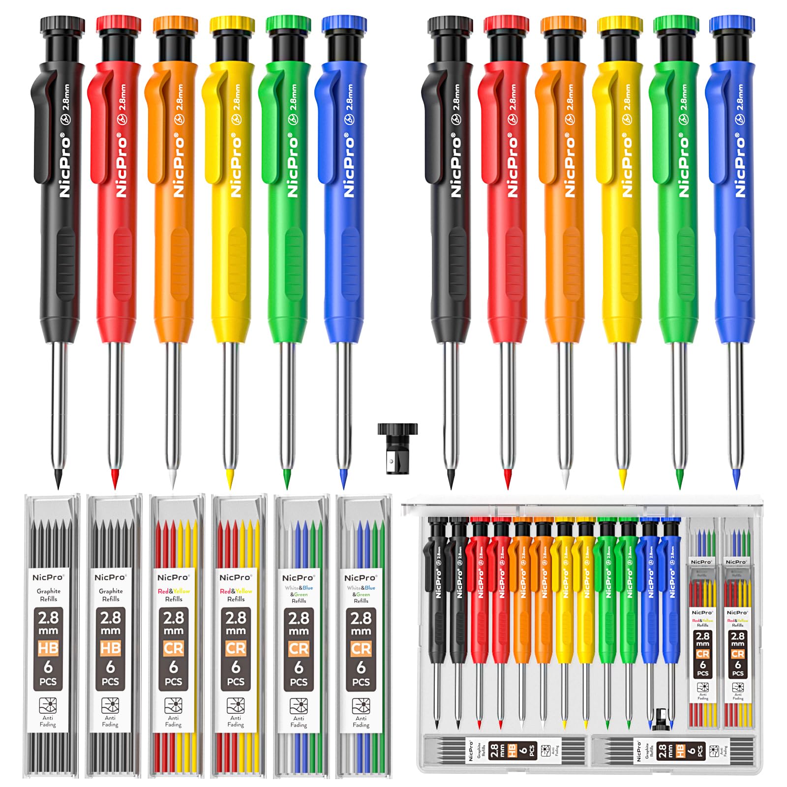 Nicpro Carpenter Pencil with Sharpener, 12Pcs Construction Pencil+52 Refill