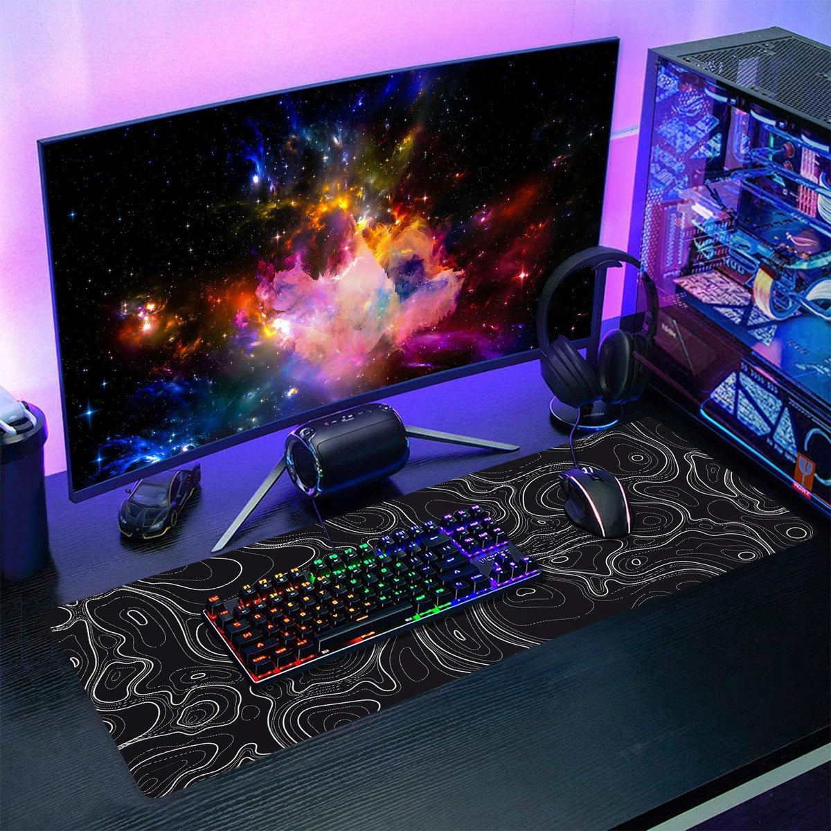 Topographic Map Black Gaming Mouse Pad XL Minimalist Topo Geographic White Lines Extended Large Mat
