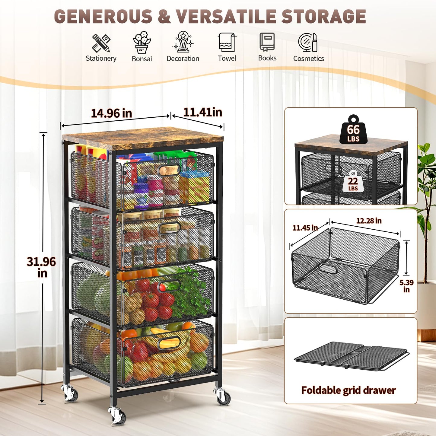 SUNALLY Kitchen Storage Cart with Drawers,Metal Snack Cart Organizer,Black