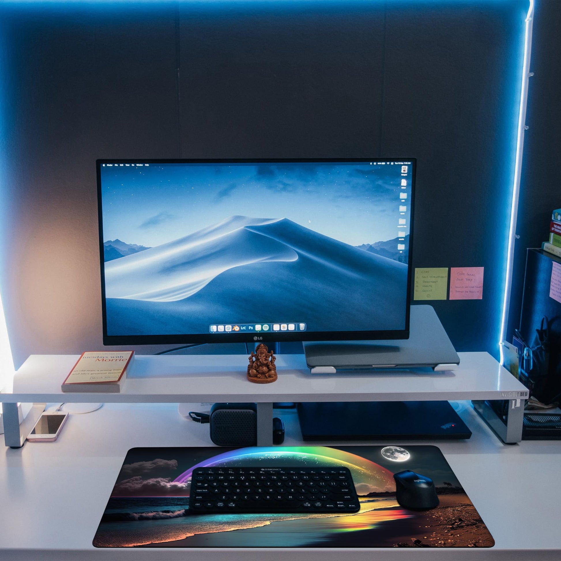 KOAIWPAE Desk Mat, Rainbow and Full Moon Desk Pad, Beach at Night Large Gaming Mouse Pad for Desk